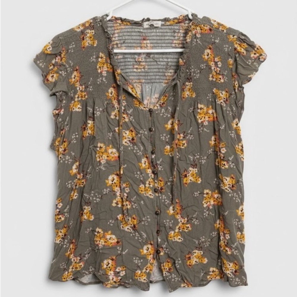 Mason & Belle Floral Smocked Button Front Top 2X Olive Green Boho Peasant - Picture 2 of 5